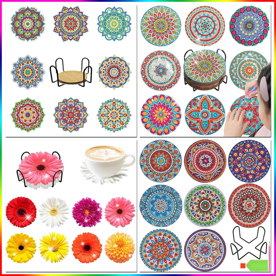 PhotoCustom 8pcs/set DIY Diamond Painting Coasters Animal Diamond Art Coasters Decoration Adults Diy Crafts Gifts