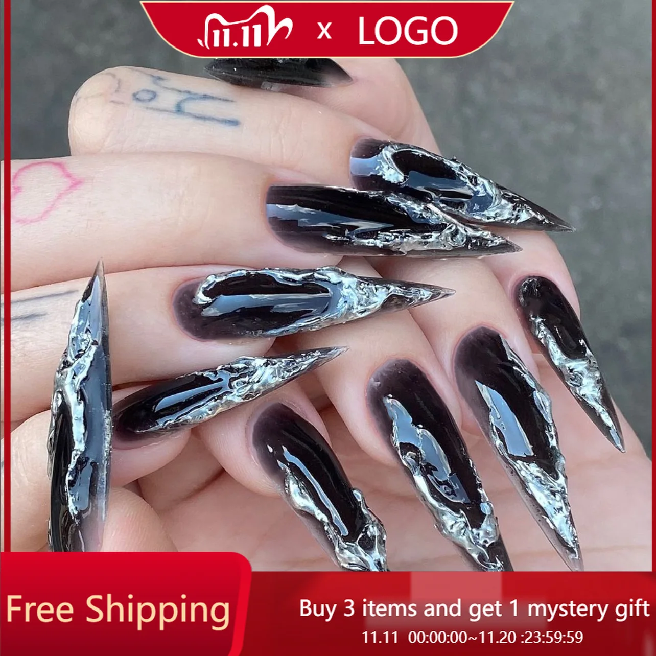 

24 шт. накладные ногти с схемой темно-черного цвета с 3D-длинной и заостренной формой и стилем, подходящим для женщин