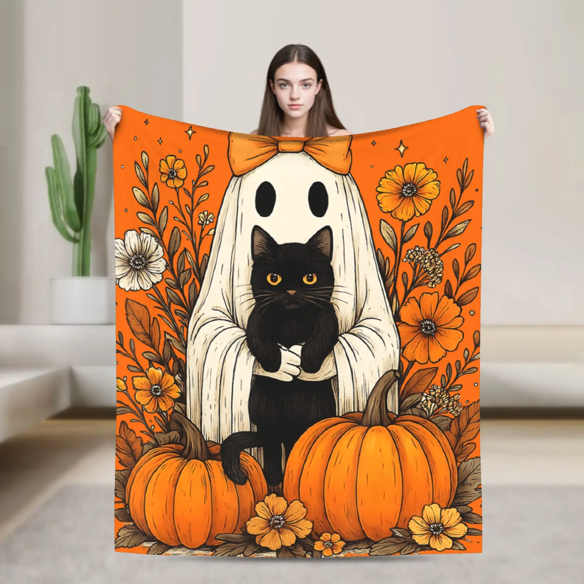 Halloween Ghost Holding Black Cat Flannel Blankets Groovy Floral Funny Throw Blankets for Bed Sofa Couch 200x150cm Rug Piece