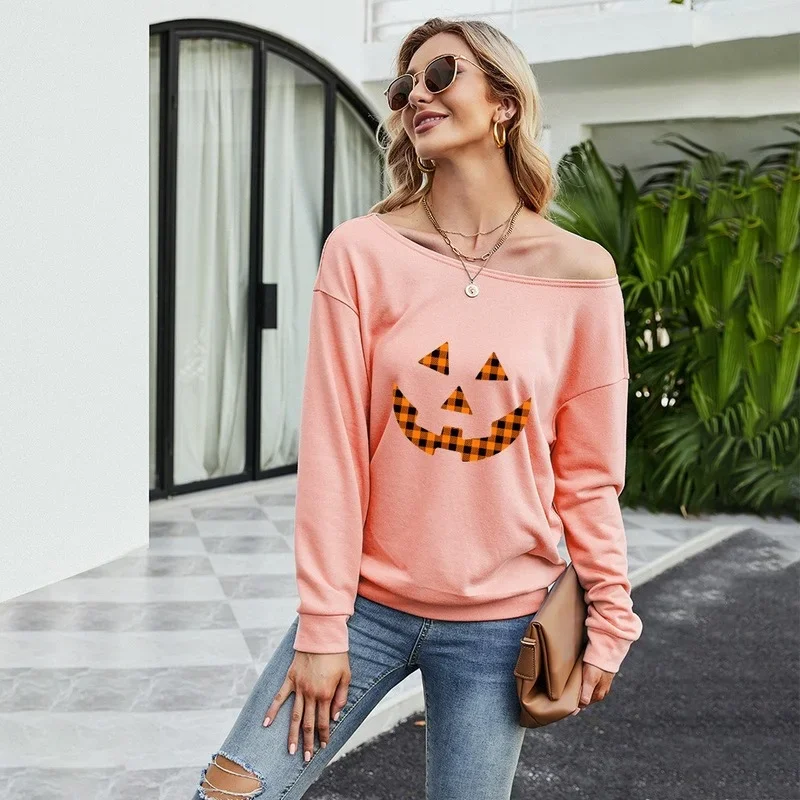 

Women Wild Casual Long Sleeve Halloween Printed Tops Sexy Oblique Collar Sweatshirt 2024 Fall Winter New Loose Fashion Pullover