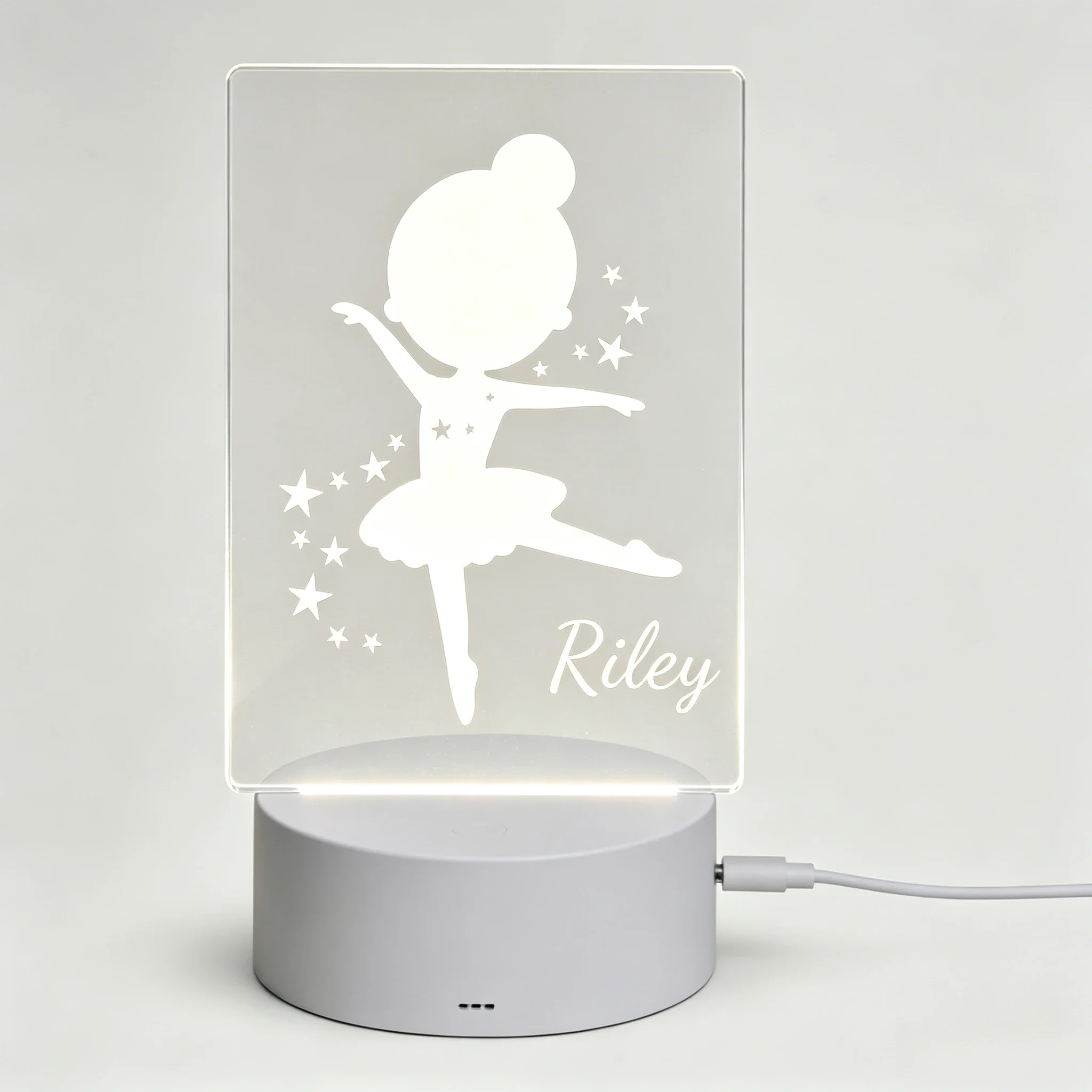 Cute Dancing Ballerina With Star Engraved Acrylic Night Light Custom Text Desk Decor Lamp