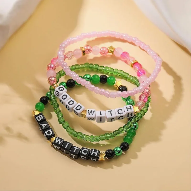 4PCS Goth Wicked Witch Movie Inspired Bracelets Women Girls Couple Matching Bracelets Sweet Pink Color Beaded Bracelets Jewelry