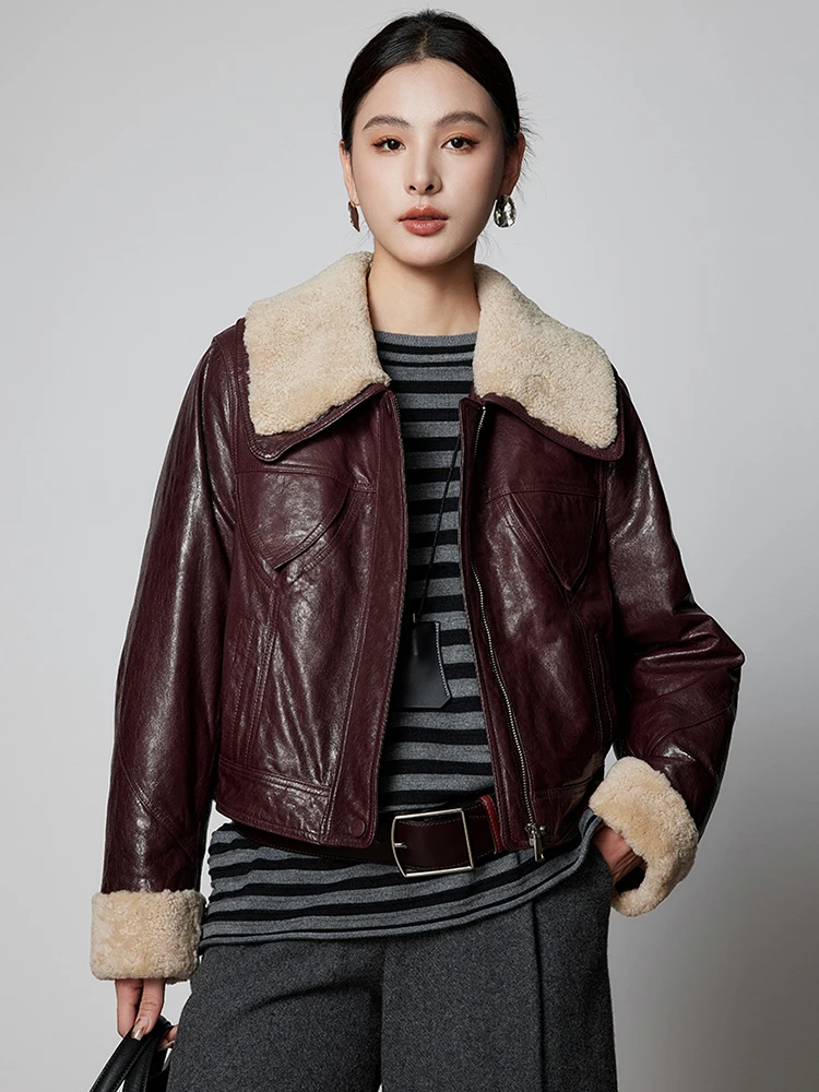 

Vitnage Winter Genuine Leather Goose Down Jackets for Women High-end Simple Natural Wool Collar Oil Wax Real Goatskin Down Coat