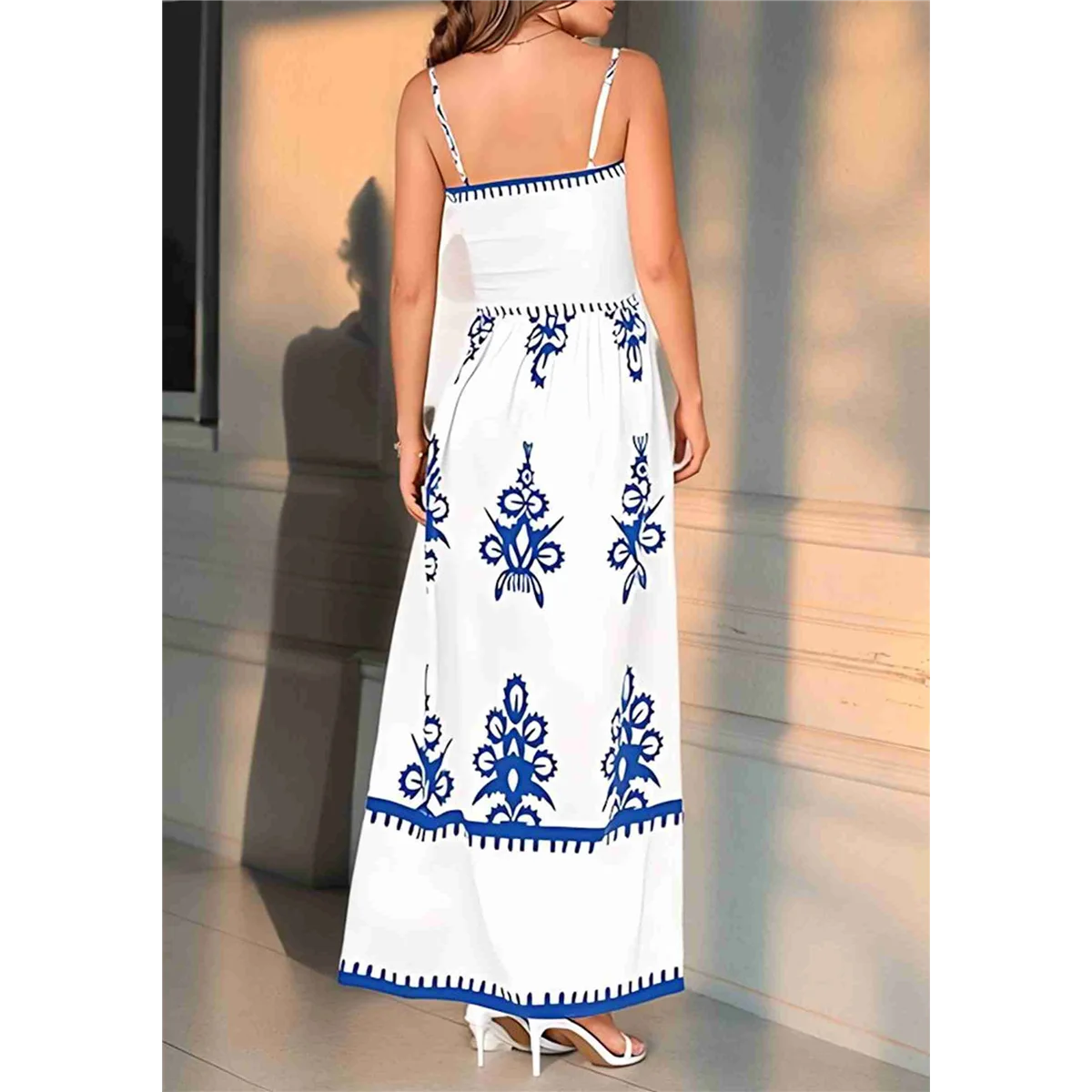 A83F-Abito estivo da donna 2025 Abito estivo floreale con cinturino per spaghetti Abiti maxi Boho per vacanze al mare fluidi