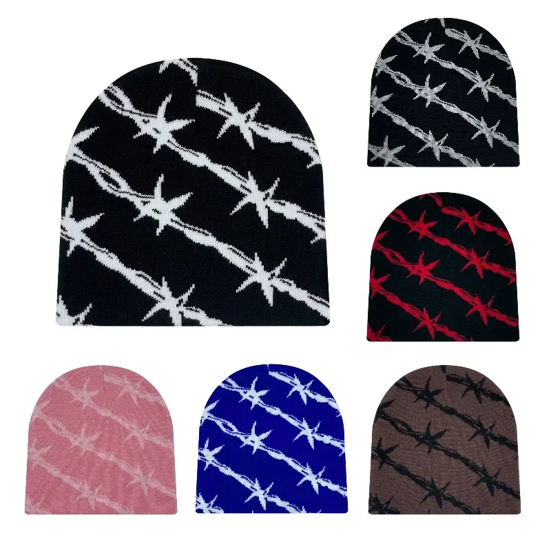 Star Pattern Knitted Beanie Hat Men Women Double Layer Jacquard Skull Cap Warm Outdoor Casual Street Headwear