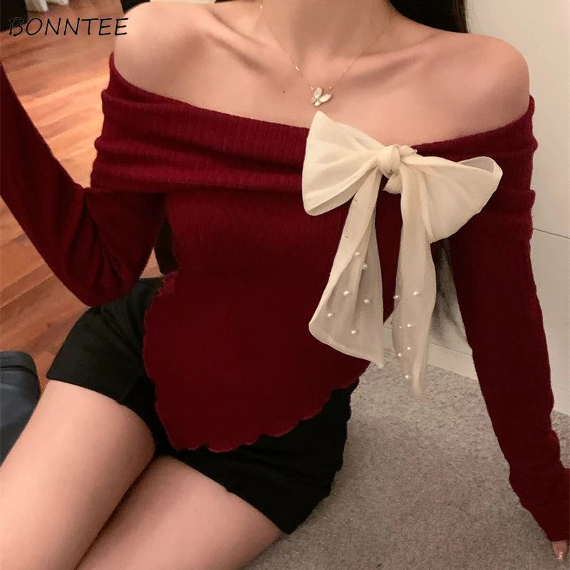 Chic Sexy Slash Neck Big Bow Irregular Long Sleeve T-shirts Women Fashion Spliced Pearls Elegant Popular Knitted Tops Girls New