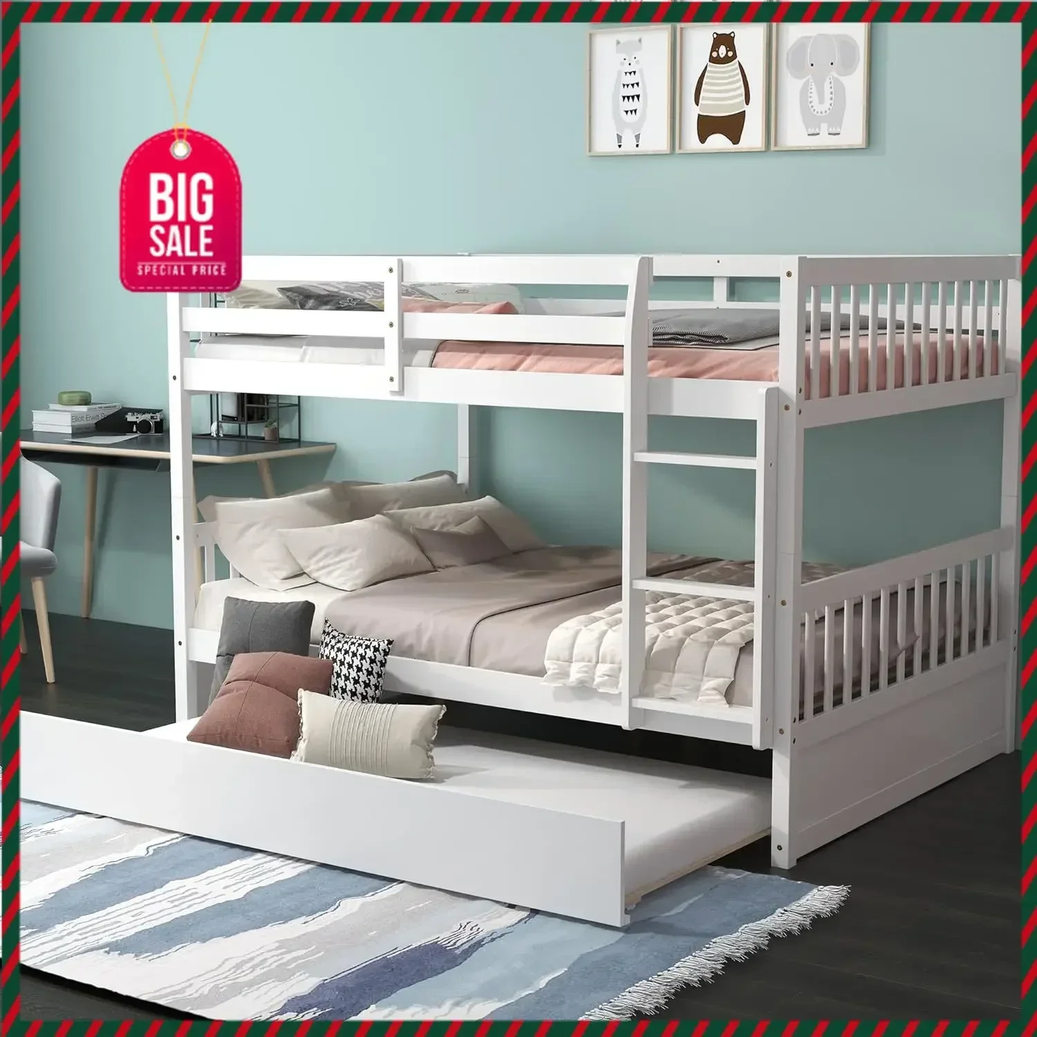 Wood Full Over Full Bunk Bed with Trundle, Full Bed Frame with Ladder, Solid Wood Frame & Safety Guardrails, Space-Savin