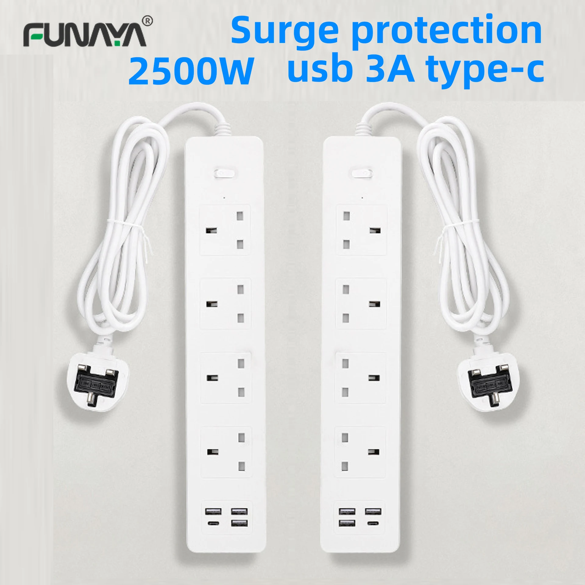 UK Power Strip Socket 4outlets with 3 USB 1 Type C 3.1A 2500W AC110 250V with Surge Protection Office Home Master White Sockets