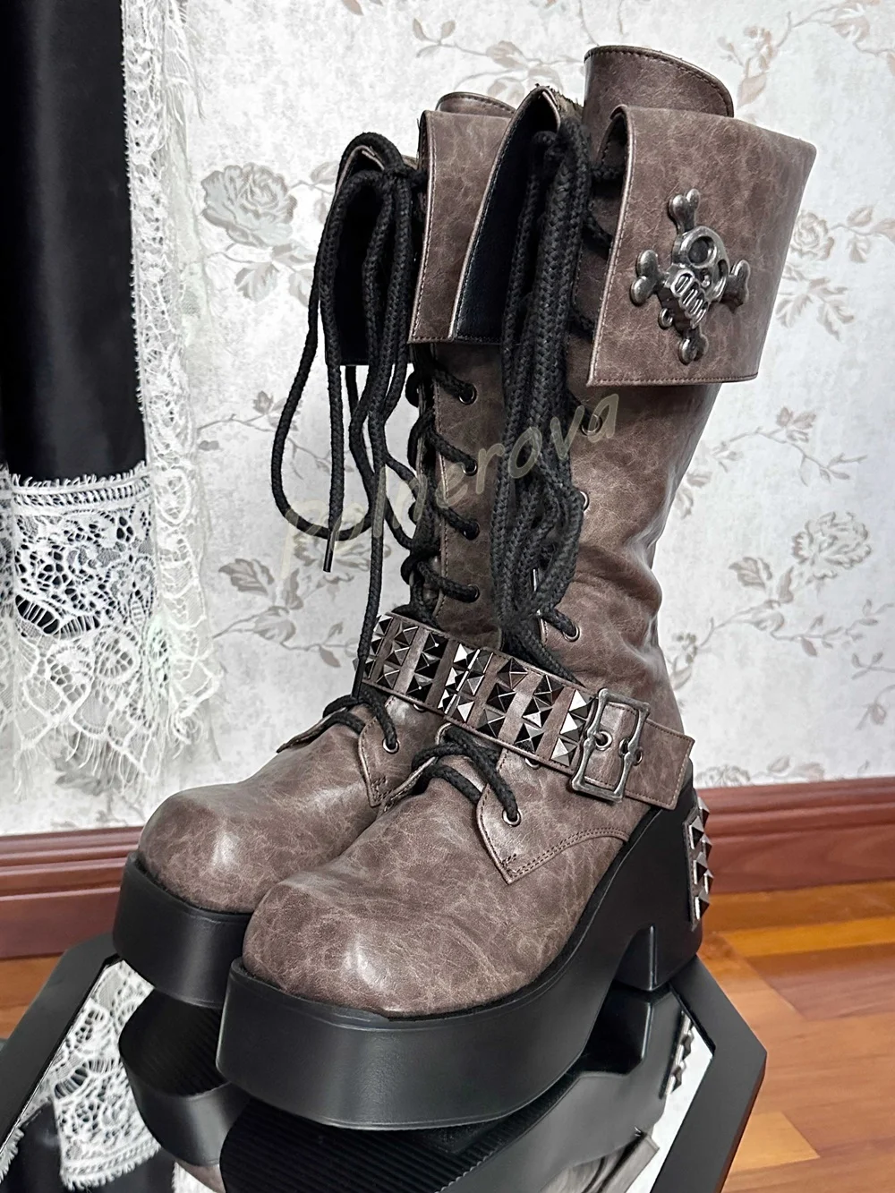 Skull Rivet Buckle Mid Calf Boots Gothic Platform Thick Block Heel Lace Up Side Zipper Shoes Punk Y2K Winter Women Boots