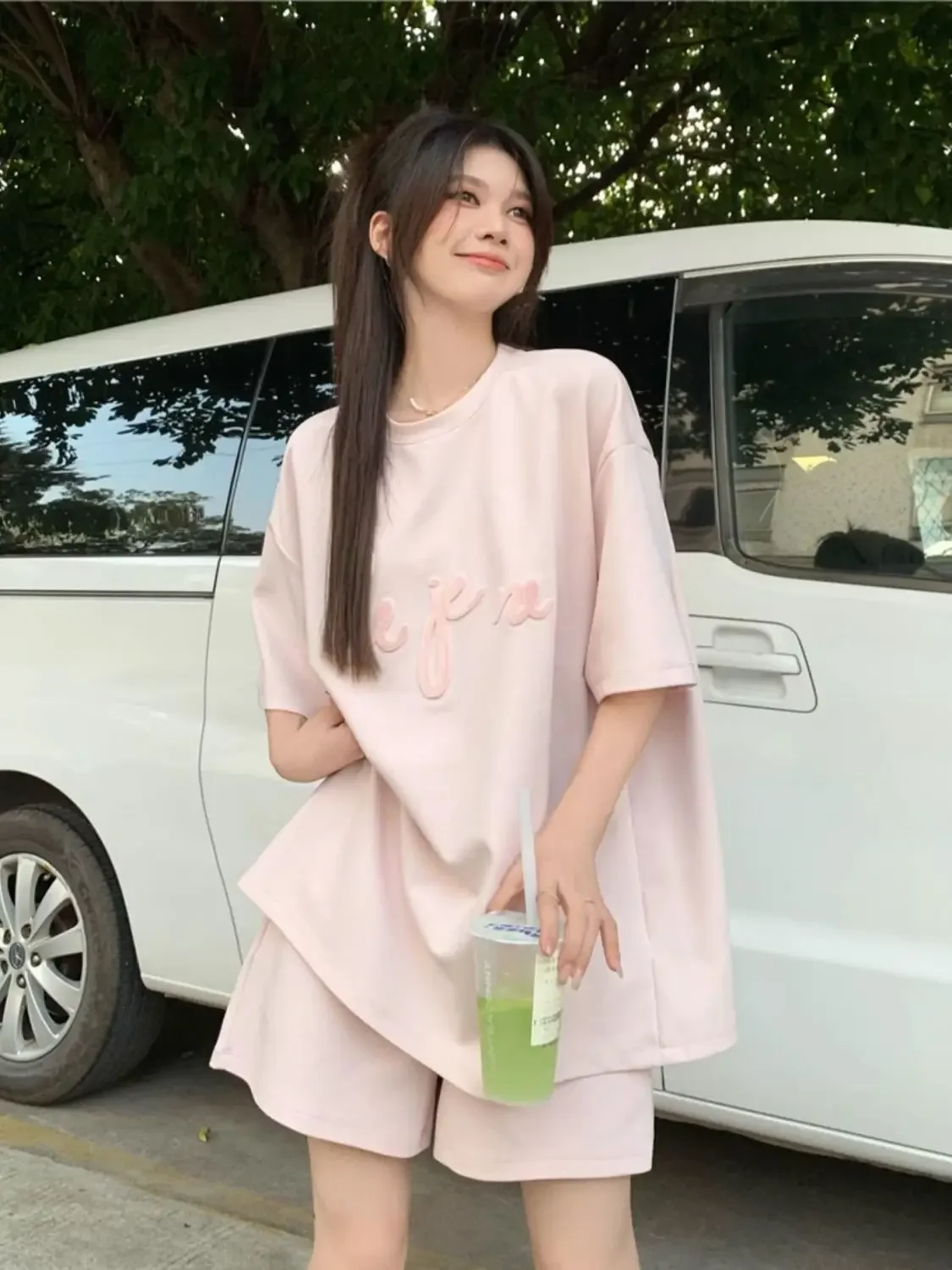 

T Shirt Short Sets for Women 2 Pieces Pink Tracksuit Alphabet Full Vacation Outfits 2025 Summer Fashion Two-piece Woman Shorts