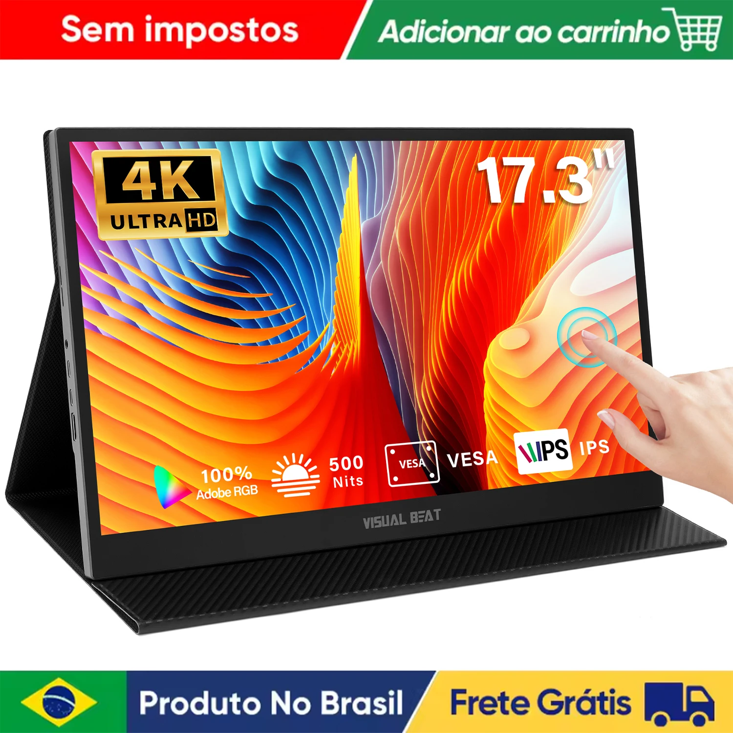 Monitor de tela sensível ao toque portátil 4K de 17,3 polegadas, 500Nits 100% AdobeRGB IPS HDR Display de viagem, USB, tipo C e HDMI, alto-falantes duplos, VESA