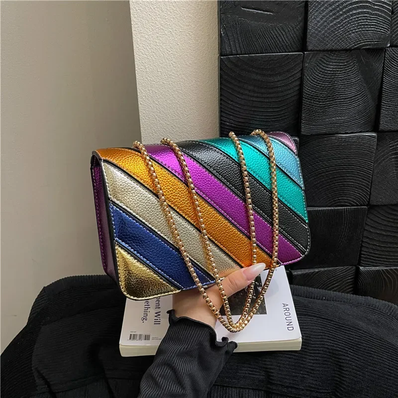 

2025 New Women's Rainbow Splicing Small Square Bag - Foreign Style, Niche Versatile, Chain, Casual Shoulder/Messenger