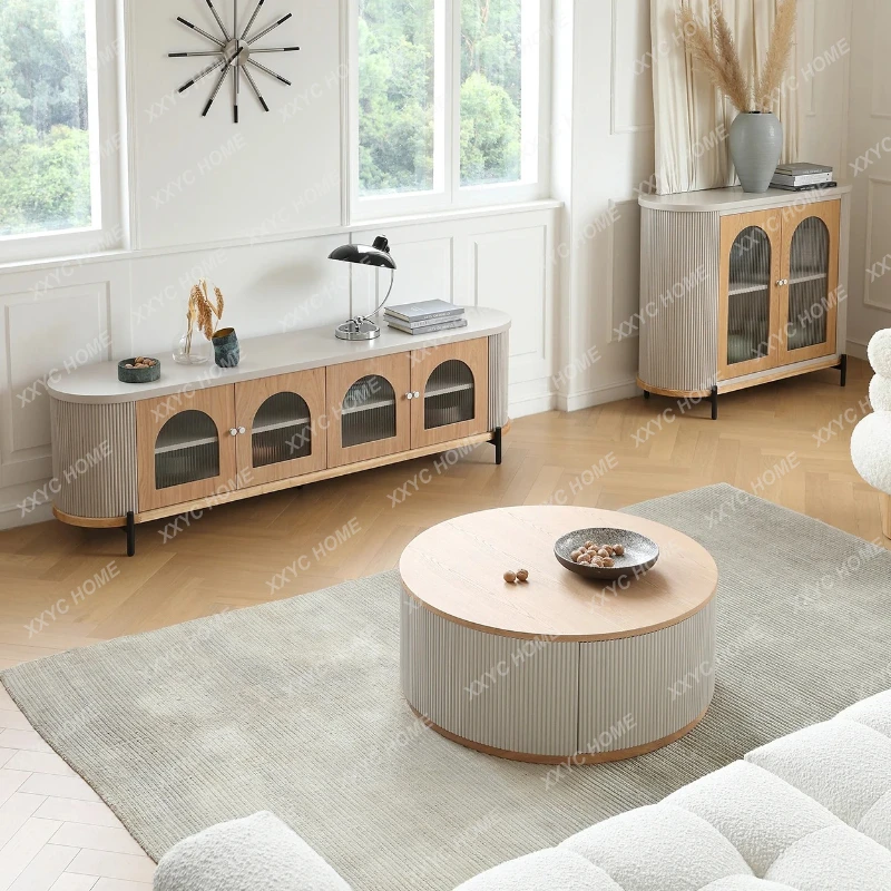 

Q Style Cream Style Solid Wood Tea Table Combination Living Room Designer round Tea Table