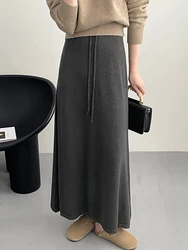 Vintage Solid Color Draw Rope Knitted Skirt Women's New Autumn Winter High Waist Long Sweater Skirt A-Line Elastic Waist Skirts