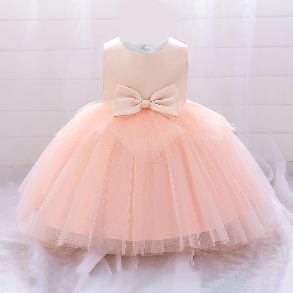 Summer Bow Baby Girl Dress Elegant 1st Birthday Wedding Princess Party Kids Dresses for Girl Bridemaid Prom Baptism Gown Costume