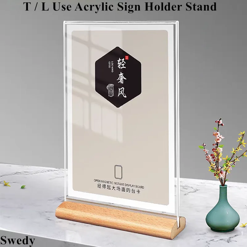 A6 100X150MM T / L Use Wood Base Table Number Menu Card Holder Photo Picture Poster Frame Acrylic Sign Holder Display Stand