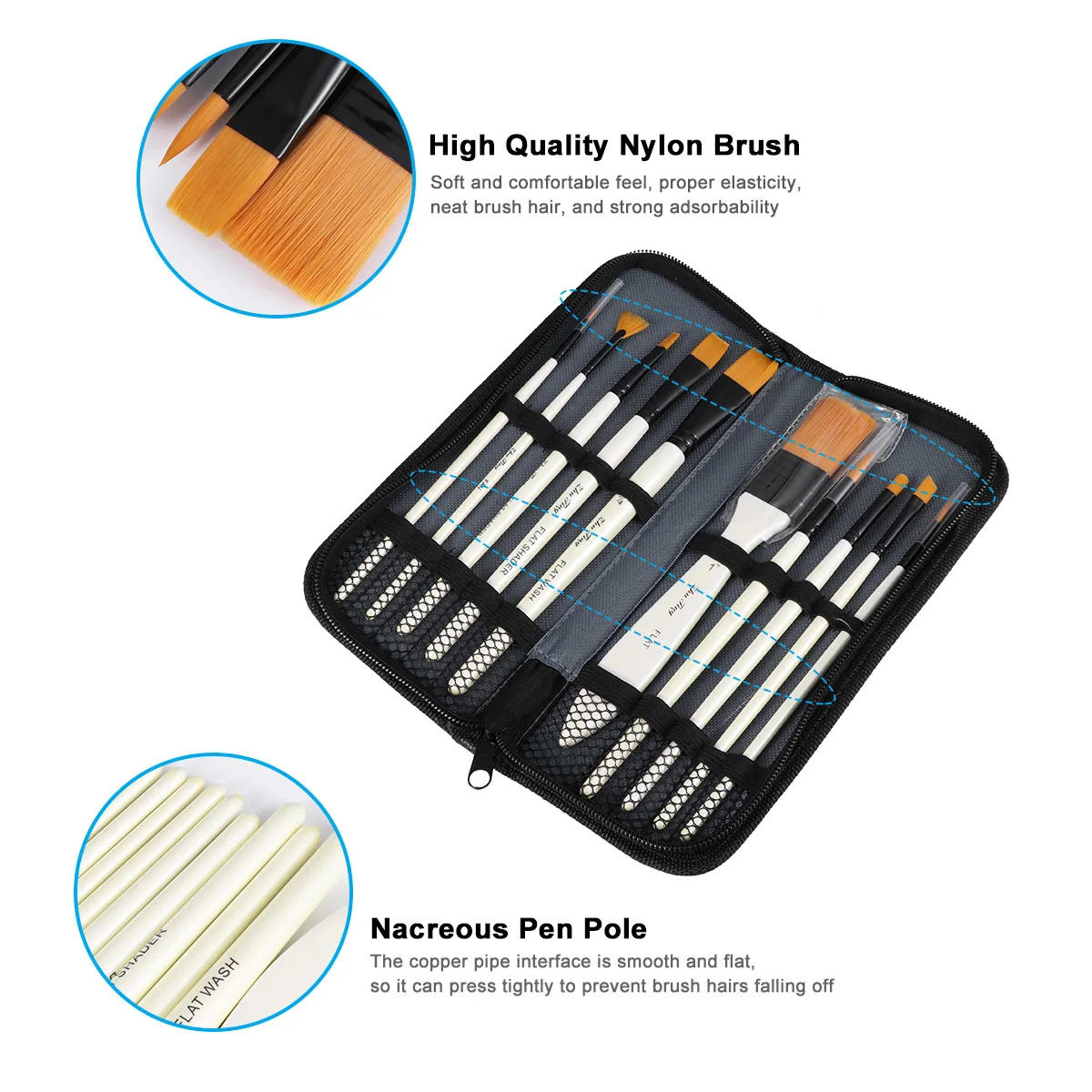 

10Pcs Artist Painting Brushes Set Wood Handle Nylon Bristles Easy to Clean Suitable for Oil Acrylic Watercolor Drawing Use