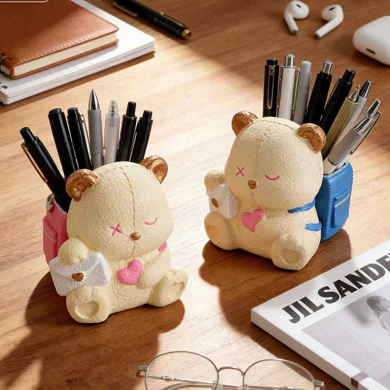 Cute Backpack Bear Pen Holder Funny Bear Ornament Home Storage Ornament Office Desktop Decoration Souvenir Gift