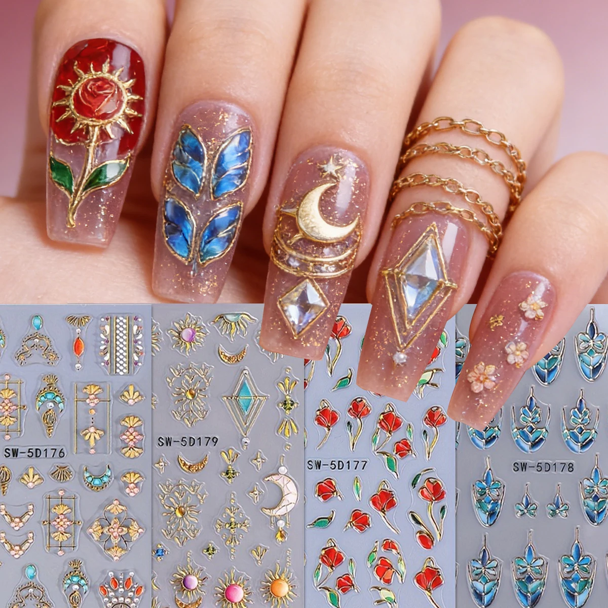 Ramadan Bohemian Star Moon Flower 5D Nagelaufkleber, geeignet für den täglichen Gebrauch, Feiertage, Partys und Hochzeiten, zum Selbergestalten von Nageldekorationen.