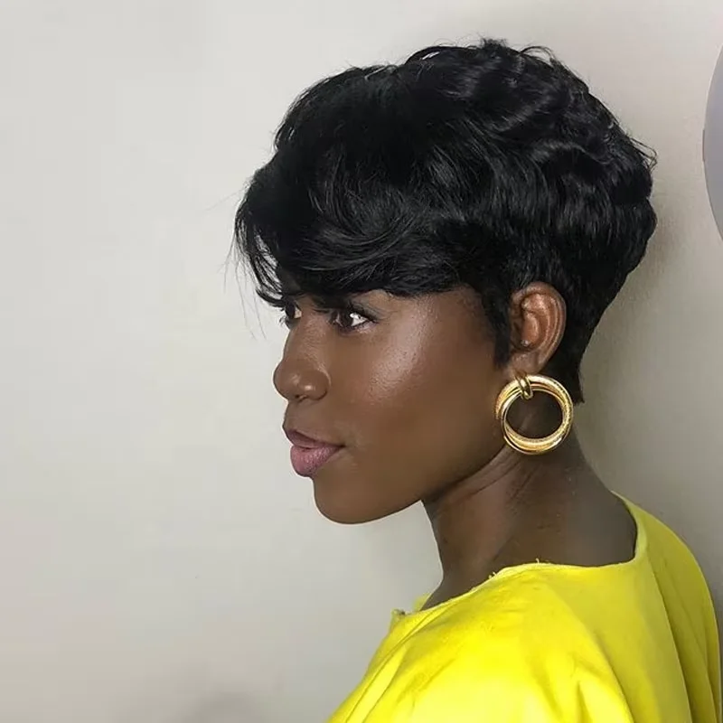 

Natural black Color machine made 100% human hair wavy pixie cut short wig