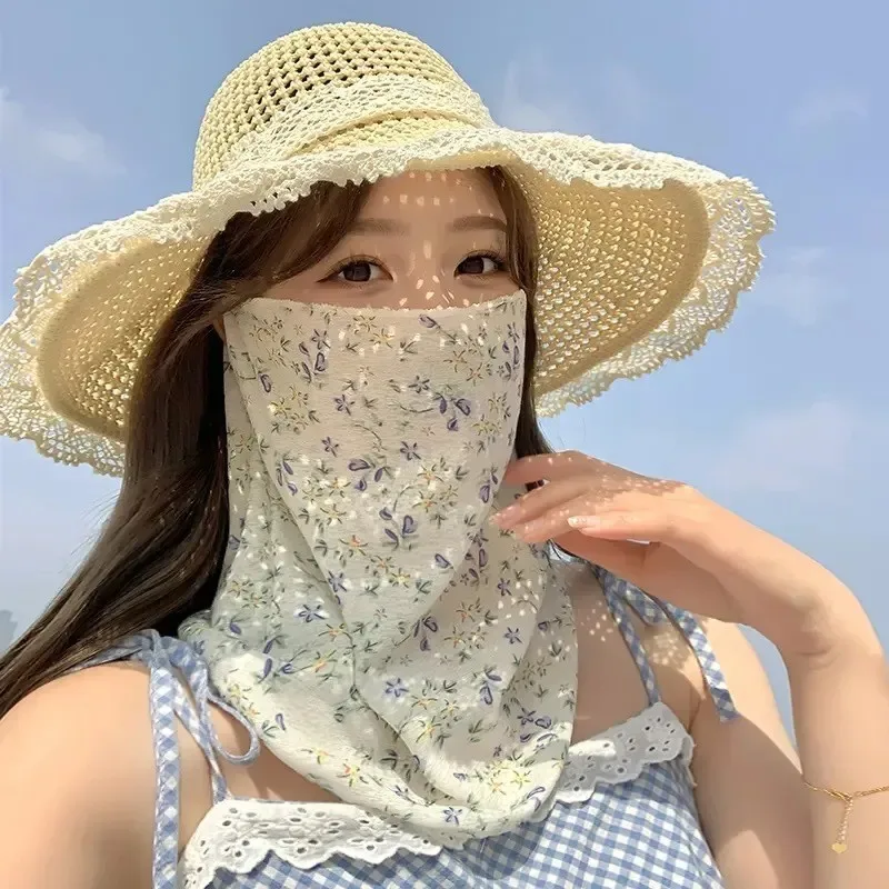 Spring and Summer New Style Small Floral Face Towel, Sunscreen Ice Silk Thin Face Mask, Women's Face Covering Veil