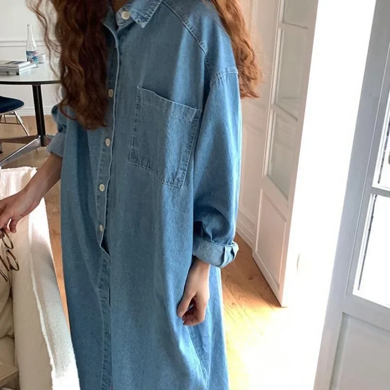 

Dresses for Women 2023 Autumn New Korean Fashion Casual Dress Sense of Design Turn-down Collar Robe Cowboy Long Dresses