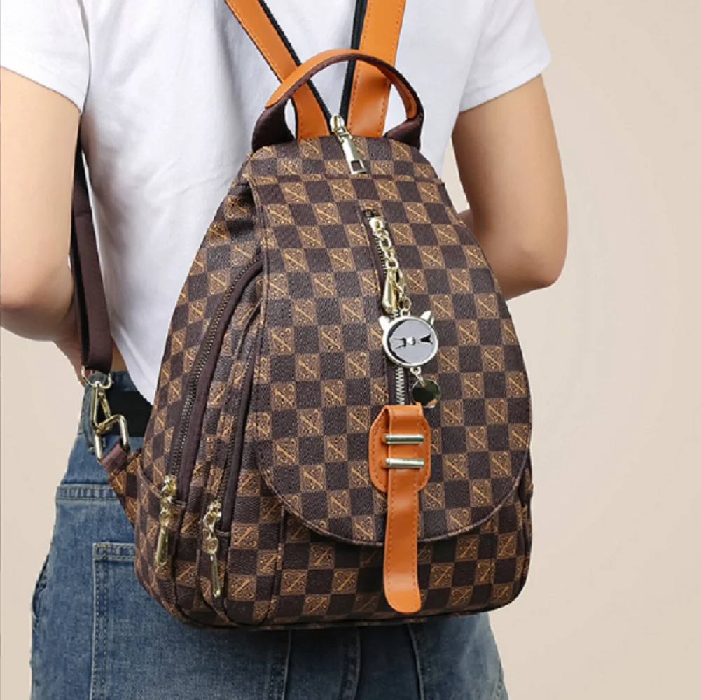 New Fashion Luxury Designer Leather Backpacks Women's Vintage Plaid Shoulder Bags Large Capacity Travel Rucksack Totes Schoolbag