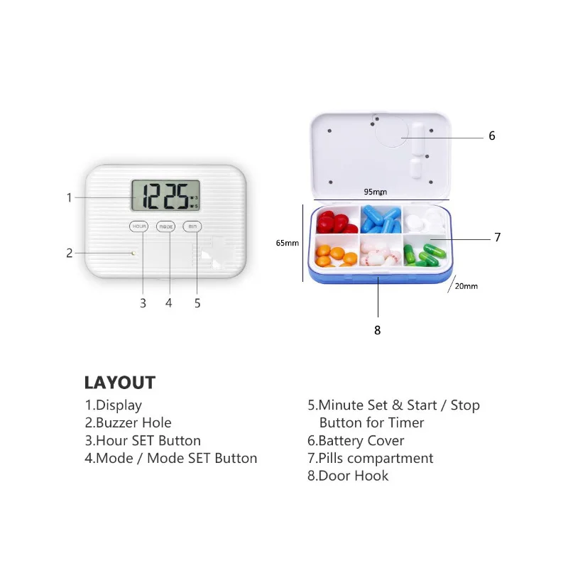 ポータブル電子スマートピルケース,アラーム通知,タイマー付き医薬品保管タブレット,リマインダー,4または6つのコンパートメント