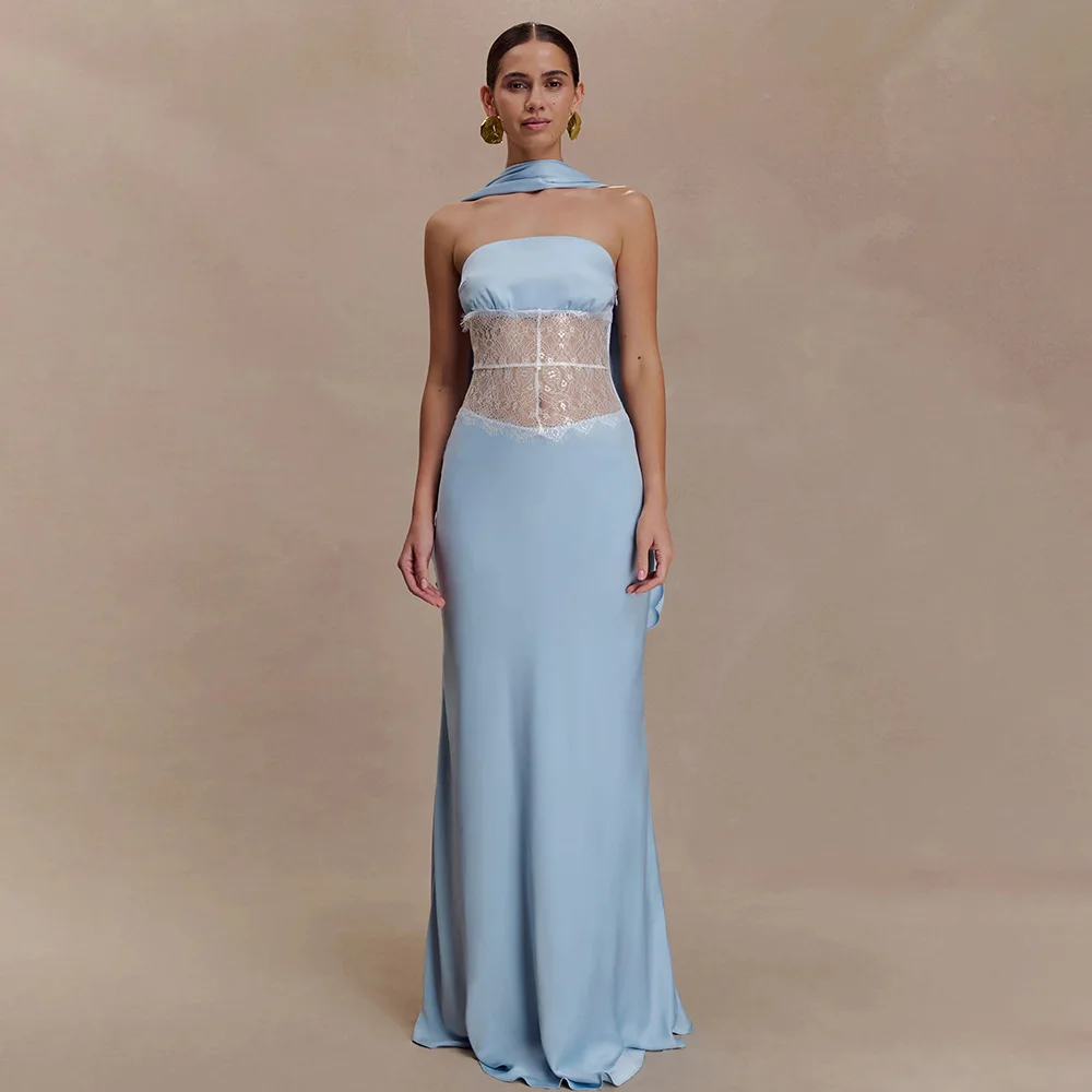 Abito lungo da donna con ritaglio e giunture in pizzo, abito lungo aderente senza maniche con scollo quadrato e corsetto trasparente