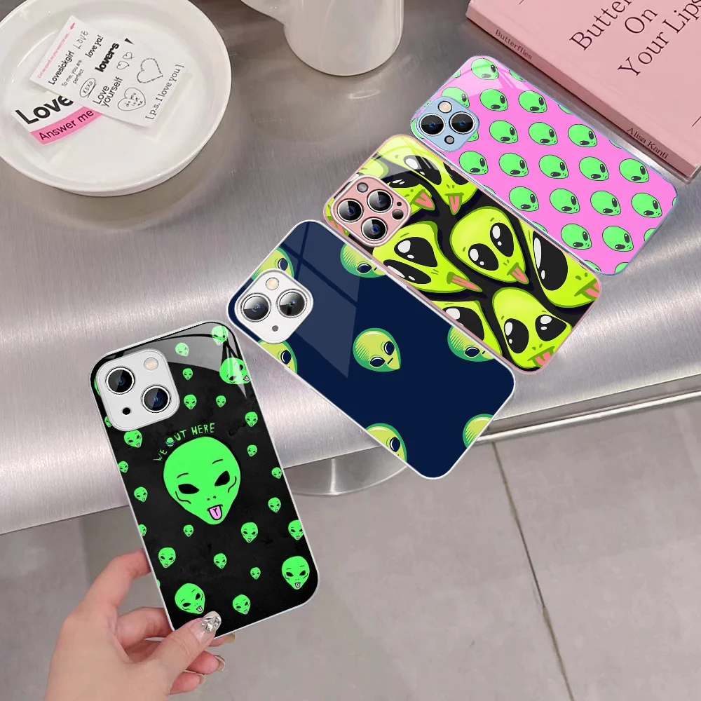 Aesthetics Cartoon alien space  Phone Case For iPhone 14 13 12 Mini 11 Pro XS Max X XR 14 Plus Tempered Glass Cover