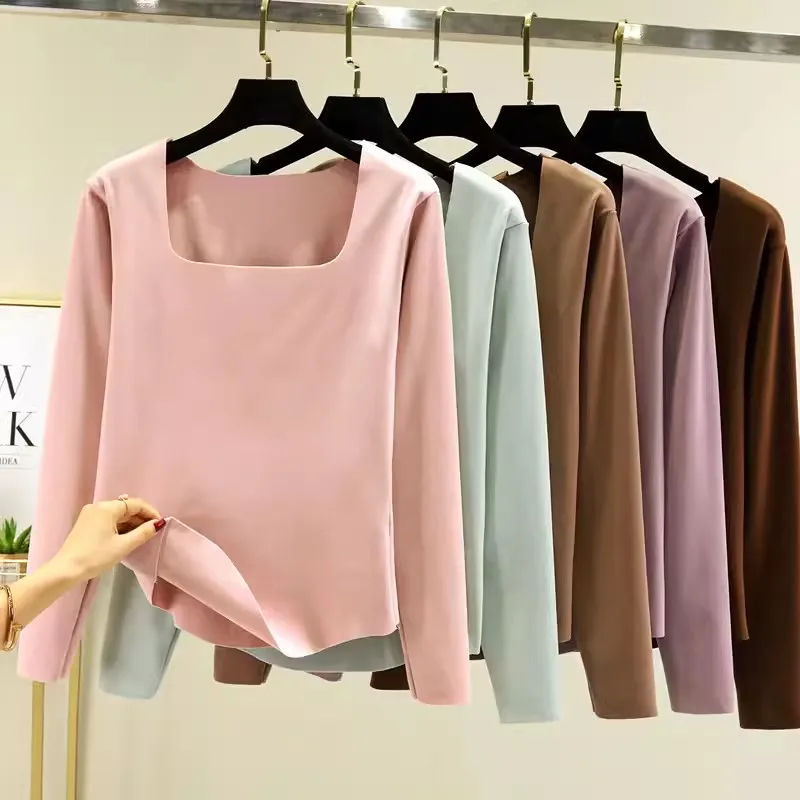 2024 Autumn Winter Square Collar De Rong Underwear Women Warm Thick Velvet T-Shirts Ladies Short Long Sleeve Bottom T Shirt Tees