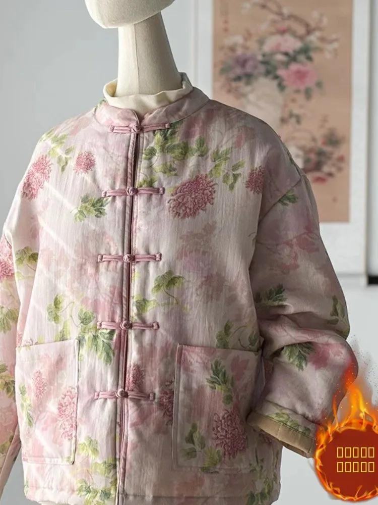 

Осенне-зимняя утепленная хлопковая куртка для женщин с цветочным принтом, воротником-стойкой, в стиле Тан, утолщенная, теплая, с пуговицами и декоративными элементами
