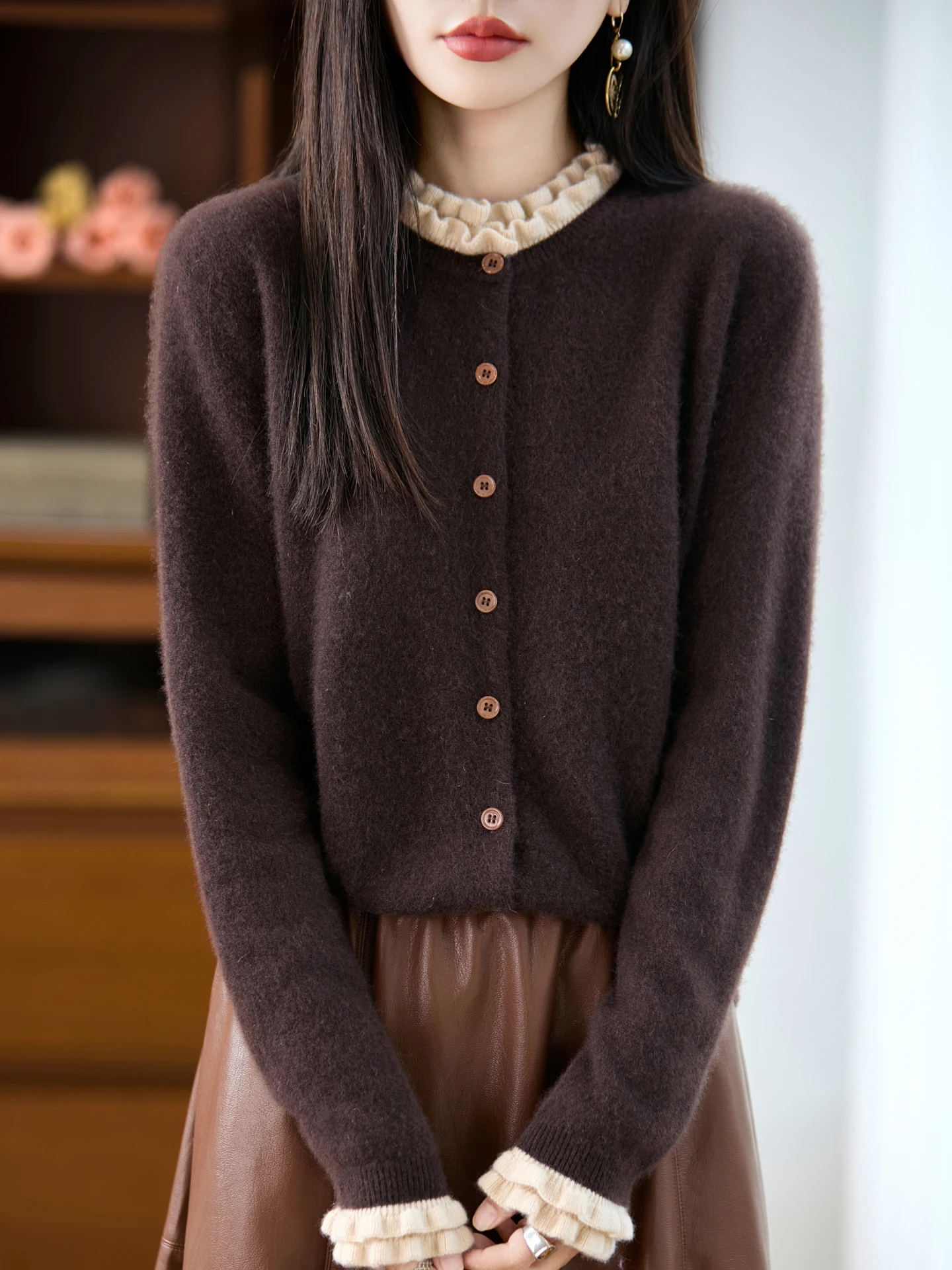 

New Women's 100% Merino Wool Sweater Autumn Winter Ruffled Edge Cardigan Long-Sleeved Knitwear Fashion Skin-Friendly Casual Top