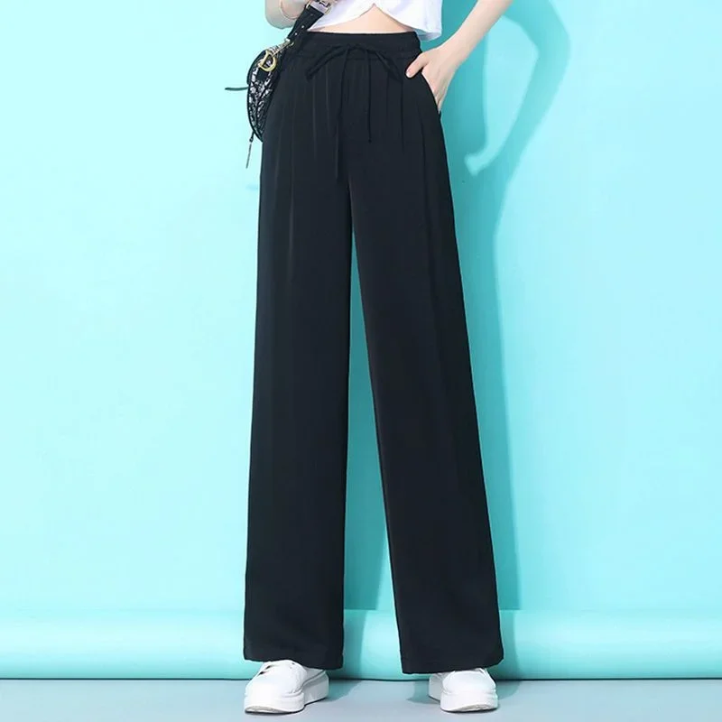 Spring Autumn New Grey Knitted Wide Leg Women Casual Pants High Waist Straight Tube Floor Sweeping Pants