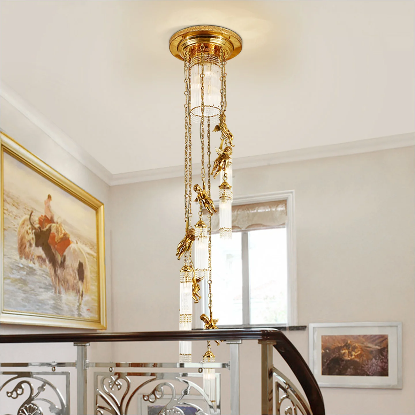 French Classic Angel Design Villa Loft Ceiling Lamp Stairwell Banquet Hall Crystal Tassel Long Ceiling Light