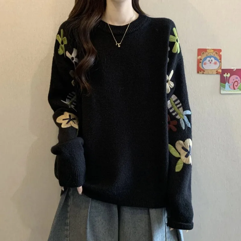 

Повседневная рубашка с вышивкой и круглым вырезом, топы, осень-зима, новый женский свободный свитер в корейском стиле, свитер с внутренней стороны