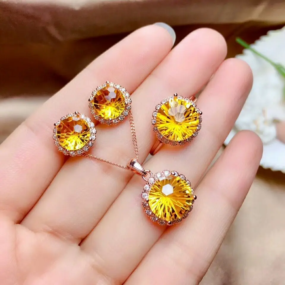 MeiBaPJ Fireworks Natural Citrine Jewelry Set 925 Silver Necklace Earrings Ring Three-piece Suite Wedding Jewelry for Women