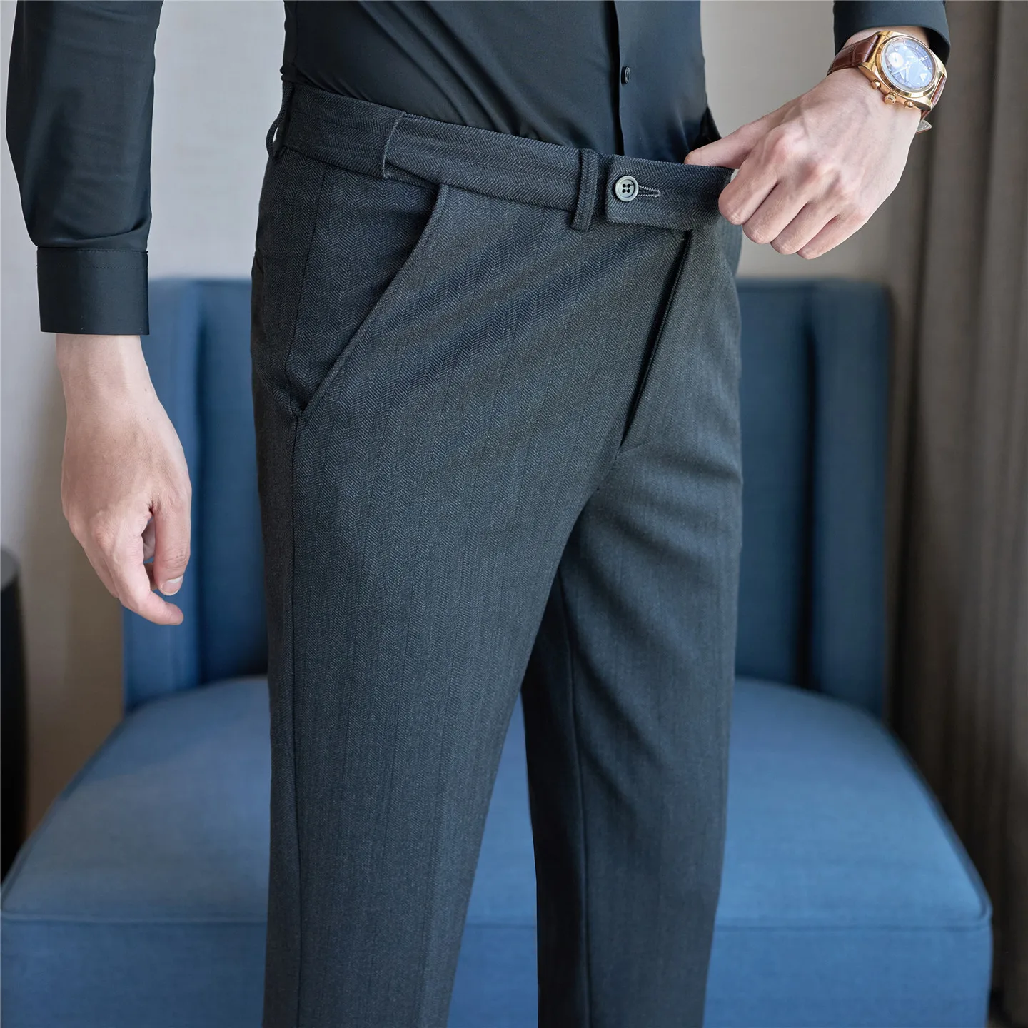 

Высококачественные шерстяные брюки в полоску с эластичным поясом для мужчин, толстые теплые деловые облегающие повседневные брюки, офисные брюки для социальных сетей