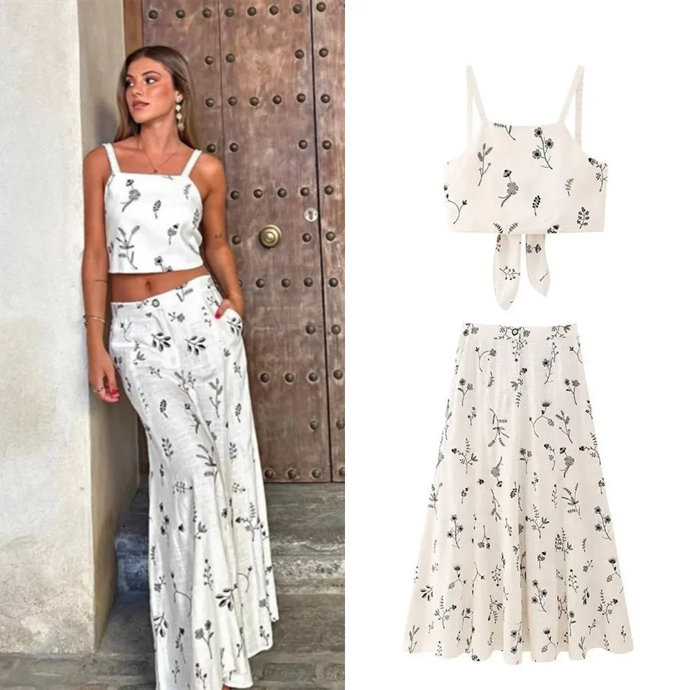 Ladies Summer Skirt Suits Women Sexy Printed Sleeveless Backless Crop Vest+Drawstring A-Line Skirt Set Women Two Pieces Female