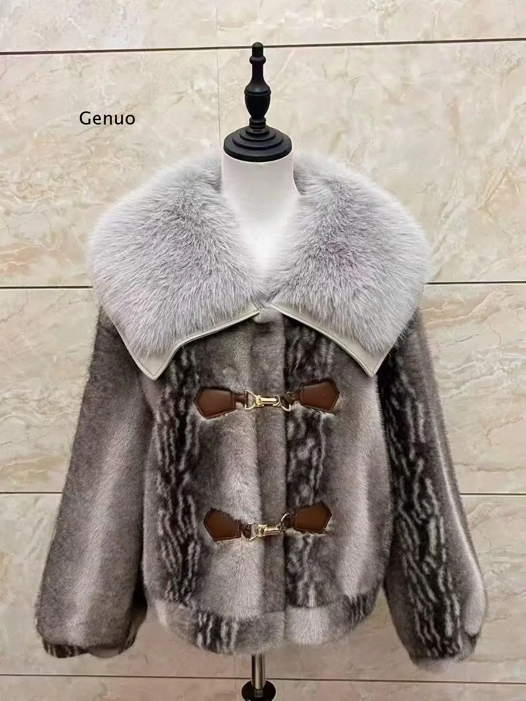 

Women's Autumn Winter New Elegant Eco-Friendly Faux Fur Coat, Leopard Print Patchwork Short Fur Jacket with Large Lapel