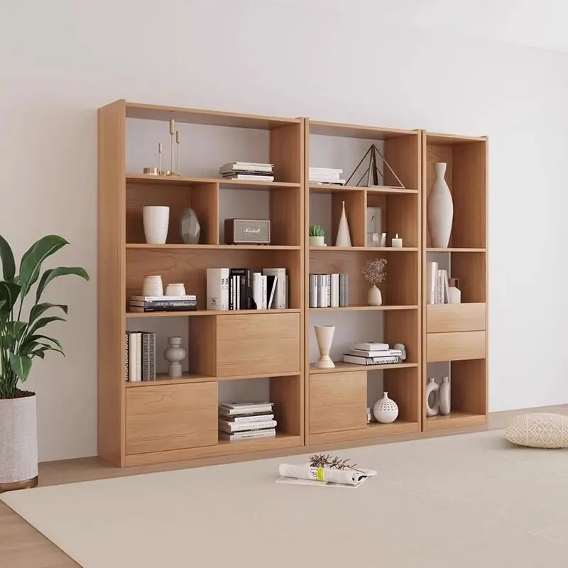 Nordic style solid wood bookcase, floor-to-ceiling bookcase against the wall, living room household economical filing cabinet