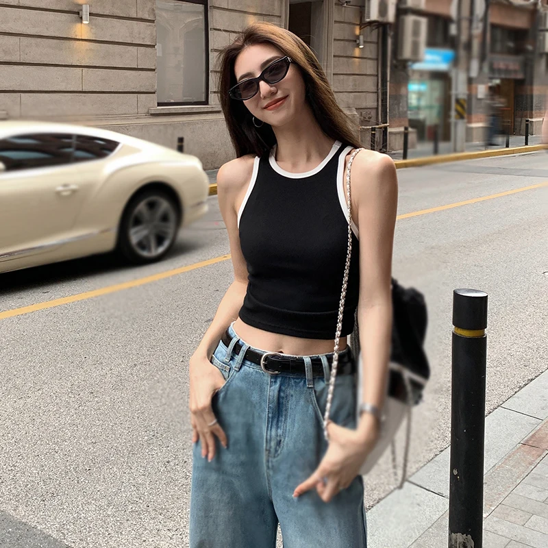 Women Solid Ribbed Tank Top Women Summer Basic Camisole Elastic Basic Tank Top O Neck Vintage Patchwork Y2k Vest