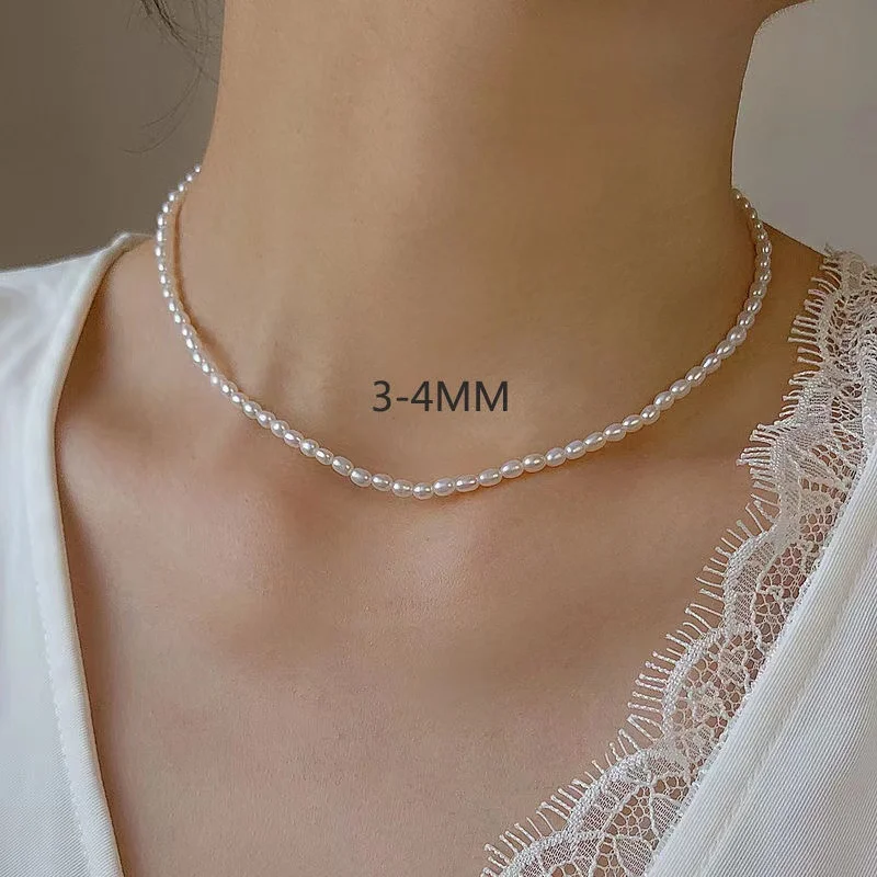 Modern stylish 3-4mm Mini Natural freshwater pearl Chokers necklace for women wedding 925 sterling silver jewelry NA