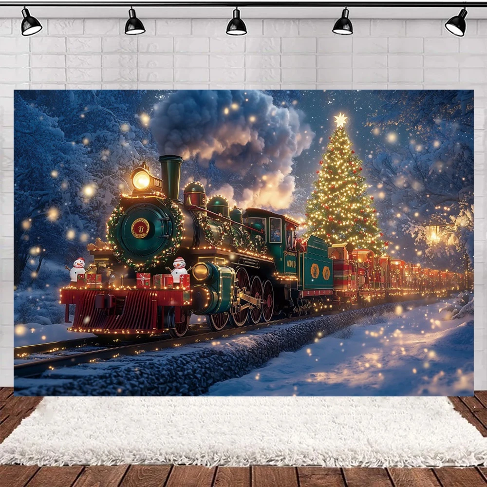 Weihnachten Zug Fotografie Kulissen Winter Schneemann Schnee Eisenbahn Große Weihnachtsbaum Urlaub Kinder Porträt Foto Hintergrund Studio