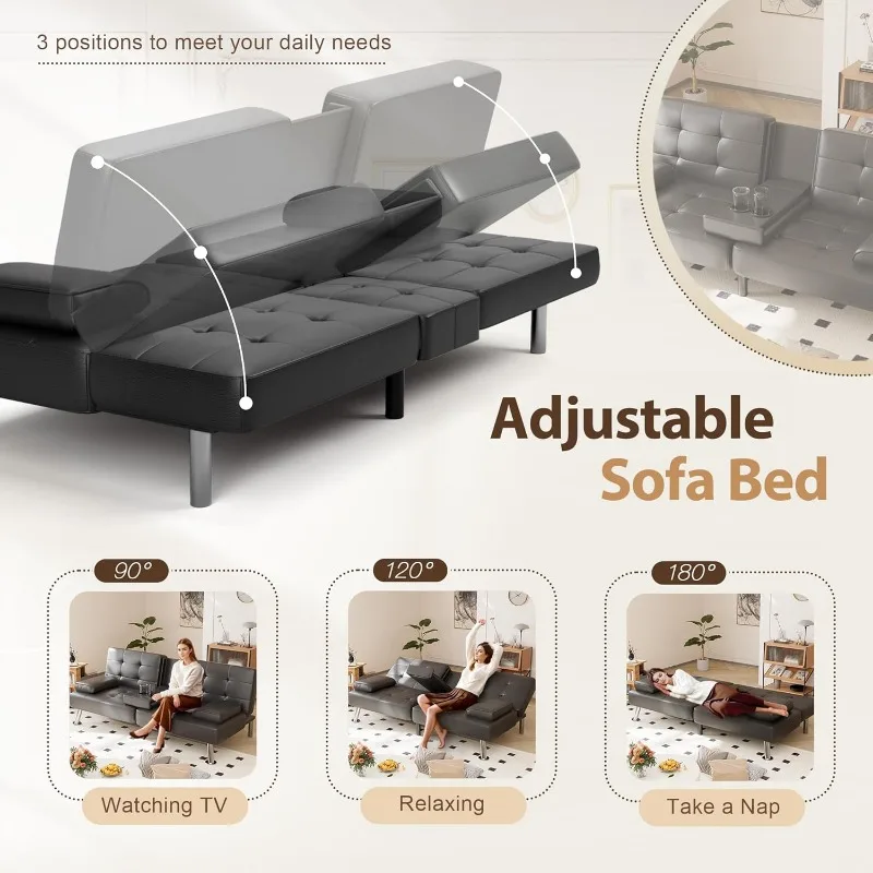 Canapé convertible pliant en similicuir avec accoudoirs perfectionnés, sofa-lit futon pour salon