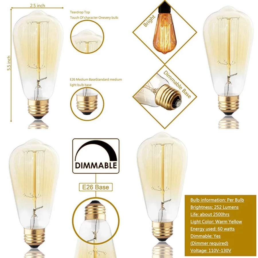

for Edison Light Bulbs, Vintage 60 Watt Incandescent Light Bulbs E26 Base Dimmable Decorative Antique Filament Light Bulbs 252
