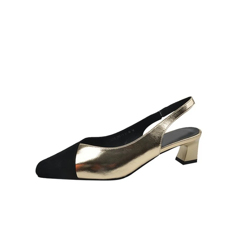 Sandały damskie Square Toe Black Toe Patchwork Pumps Gold Sliver Slingbacks Mid Heels Summer Female Dress Shoes Plus Size 41 1363N