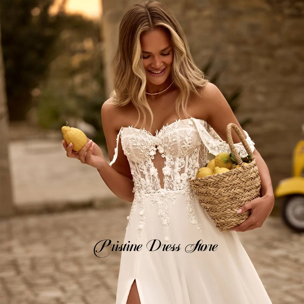 優雅な女性ビーチサイドスリットウェディングドレスカスタマイズされた恋人オフショルダーブライダルガウンジッパーバック Vestido De Novia