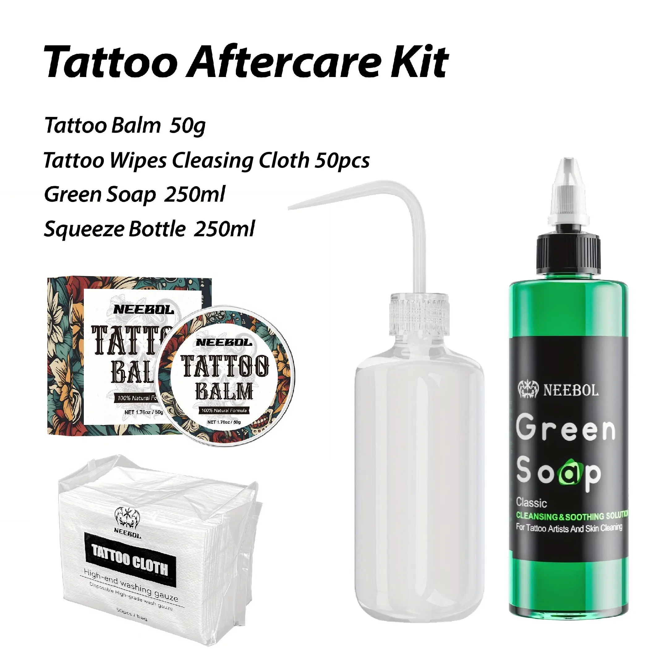 وشم Neebol مجموعة الرعاية اللاحقة ، صابون أخضر مسح القماش ، زبدة الوشم ، كريم بلسم ، تعزيز لون الحبر