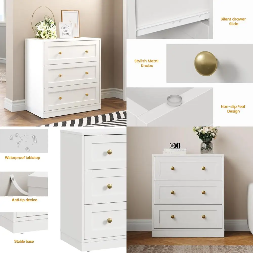 خزانة معاصرة ذات 3 أدراج، منضدة أنيقة باللونين الأبيض والذهبي، خزانة ذات أدراج مدمجة، طاولة نهاية للتخزين بلمسة نهائية من الخشب